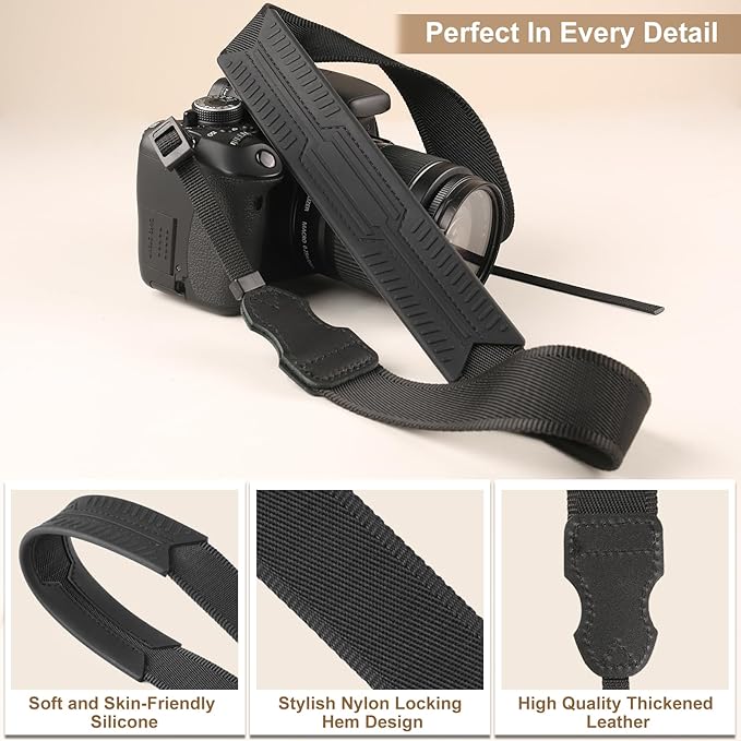 Neck Strap Silicone Camera Straps - Padded Camera Strap, 1.5" Wide Adjustable Nylon Shoulder Strap - Compatible with Canon, Nikon, Sony, and More DSLR and Mirrorless Cameras (Black)