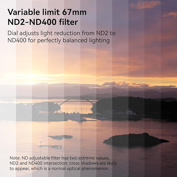 APEXEL ND Filter 67mm Variable ND2-ND400 for iPhone/DSLR Neutral Density Filter for iPhone Camera Lens 16 15 14 13 12 Pro Max Samsung Galaxy Huawei with Adapter Ring, Universal Clip, Cold Shoe