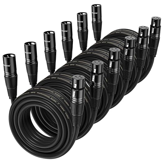 XLR Cable 10 Ft 6 Packs,Microphone Cables,Premium Balanced Microphone Mic Speaker Cable with 3-Pin XLR Male to Female DMX Cable,Black