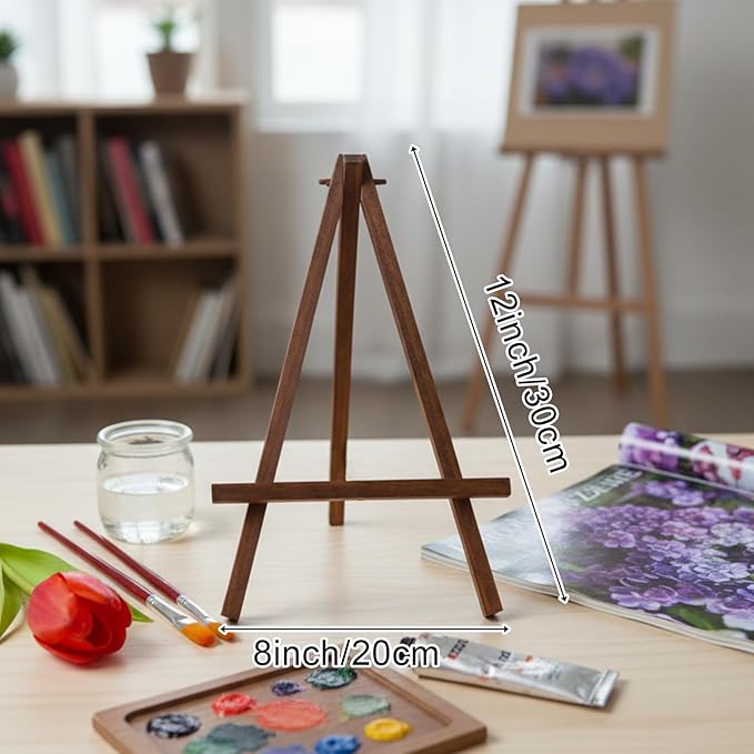 JOVITEC 48 Pcs 12 Inch Mini Wood Easel Stand Tabletop Bulk for Painting Canvas Display Easel Set Triangle Card Stand for Wedding Adults Portable Photo Picture Holder (Brown Color)