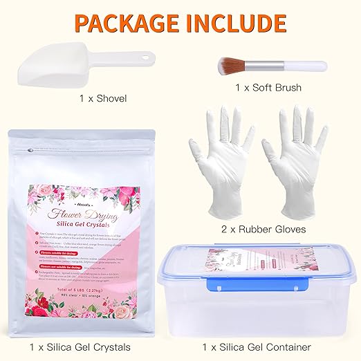 Aboofx 5LBS Silica Gel Flower Drying Kit, Reusable Color Indicating Flower Drying Silica Gel Crystals with Airtight Container, Brush, Ice Scraper & Gloves, DIY Flowers Preservation Kit for Art Craft