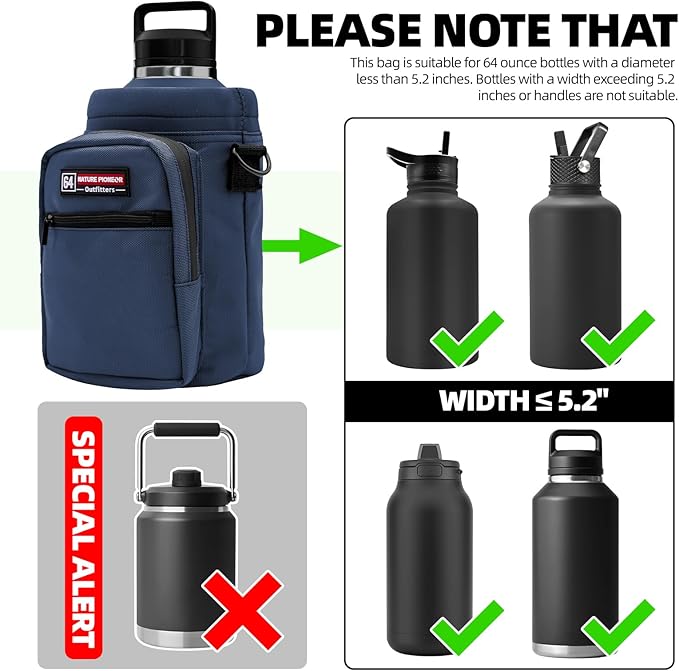 NATURE PIONEOR Water Bottle Holder with Adjustable Strap - Half/One Gallon (64/128oz) Insulated Water Bottle Sling Carrier with Phone Pocket & Paracord Handle, Outdoor Camping, Hiking, Gym
