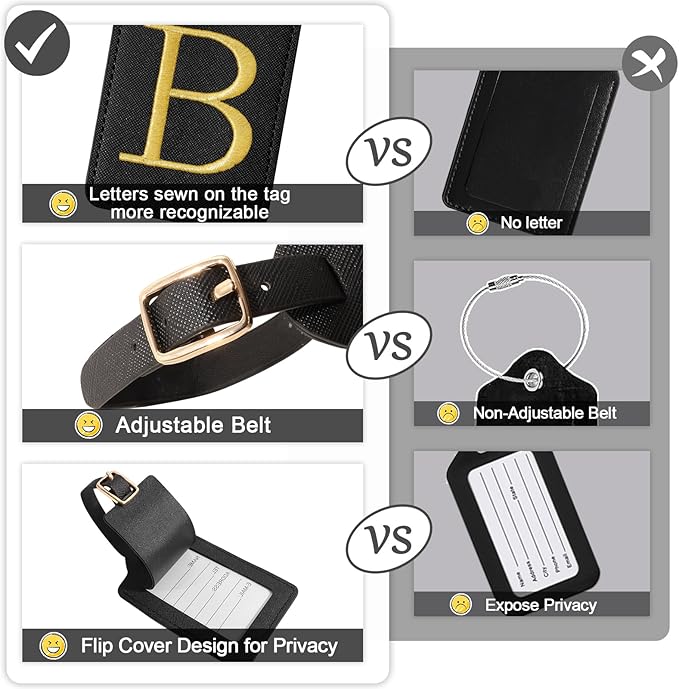 Initial Luggage Tags for Suitcases, Cute Embroidered Letter Luggage Bag Suitcase Identifier Name Baggage Tag, PU Leather Travel Luggage Tags, Bag Tags for Men Women Kids Luggage Handbags(Black B)