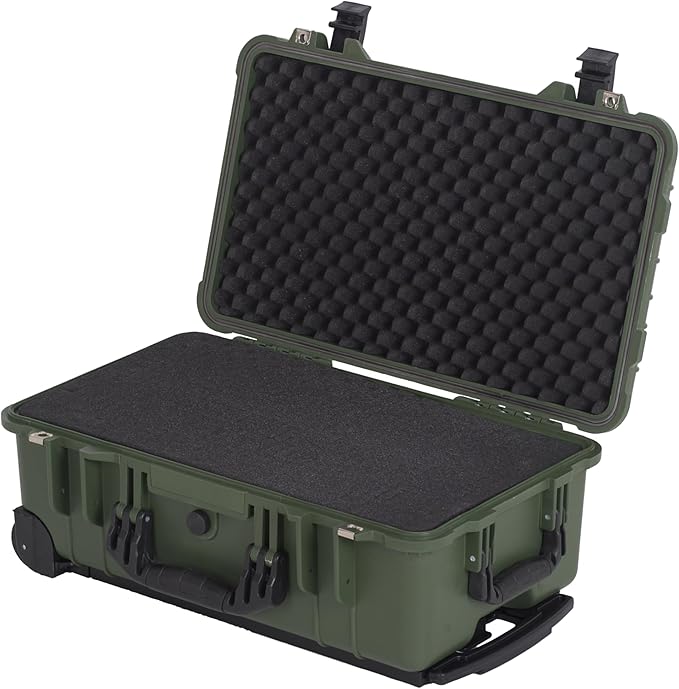 MEIJIA All Weather Rolling Waterproof Protective Case, Hard Camera Case,Dry Case with Retractable Pull Handle and Wheels,Foam Inserted,22 x13.81x9inches (Green)