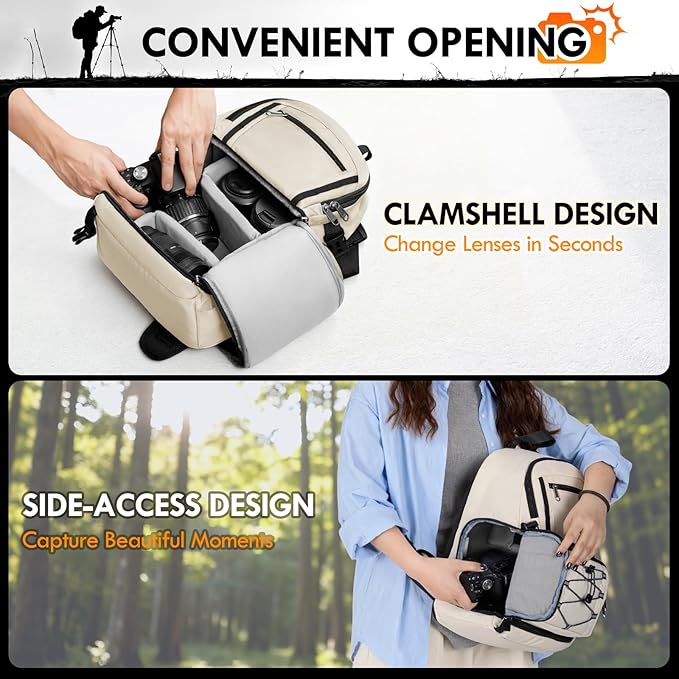 RAINSMORE Camera Bag, DSLR & Mirrorless Camera Sling Bag for Photographers Waterproof Small Camera Crossbody Case with Removable Padded Insert & Tripod Holder for Canon/Nikon/Sony/Fuji, Beige