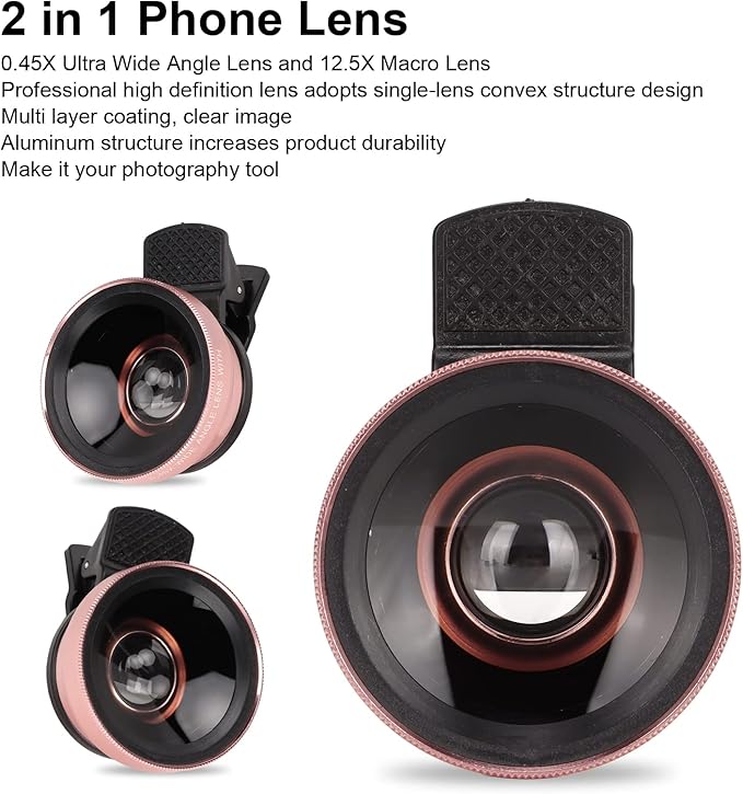 Phone Camera Lens, 2 in 1 Phone Lens Kit, 0.45X Ultra Wide Angle and 12.5X Macro Lens, with Travel Case, HD Professional Universal Clip Lens Kit for Most Smartphones, Tablets(Rose Gold)