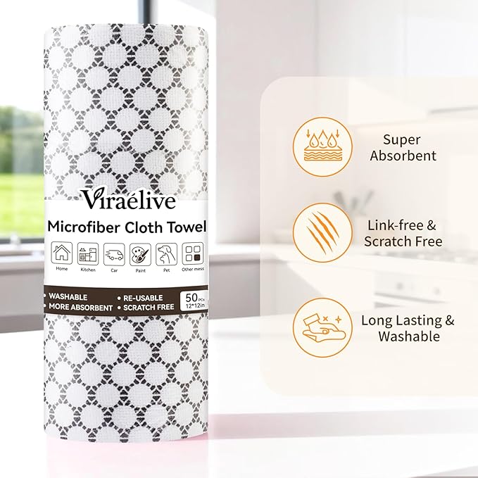 Microfiber Cleaning Cloth Roll, 50-Count Reusable, Durable, No Streaks, Absorbent, Lint-Free Non-Scratch Easy Tear-Away Towels, Dish Rags for Kitchen, Home, Car & Glasses, White Waffle, 12x12 in