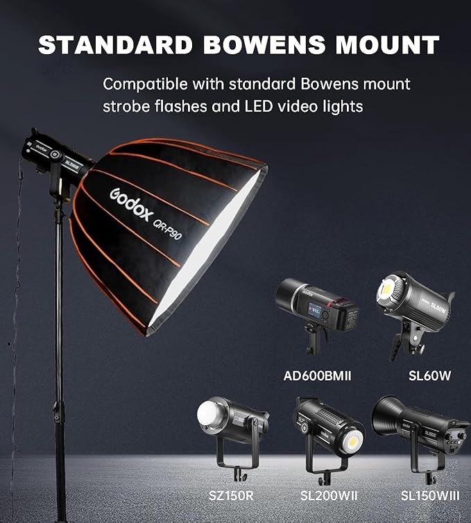 Godox Quick Release Parabolic Softbox,QR-P120 47.2”/120cm Portable Bowens Mount Softbox with Honeycomb Grid,Carry Bag,Front/Inner Diffuser for AD600BM SL60W VL150 UL150 SL200II Studio LED Video Light