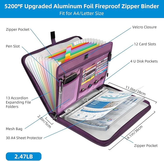 5200℉ Fireproof Document Organizer with 13 Accordion Expanding File Folder, Aluminum Foil Zipper Binder with 30 A4/Letter Sheet Protector, Binder for School Office Home Storage (Purple)