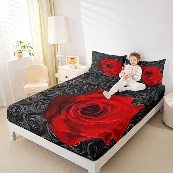 Erosebridal Red & Black Rose Sheet Set - King Size Valentine's Day Bedding for Women & Girls - Rose Love Romantic Moment Print Fitted Sheet & 2 Pillowcases