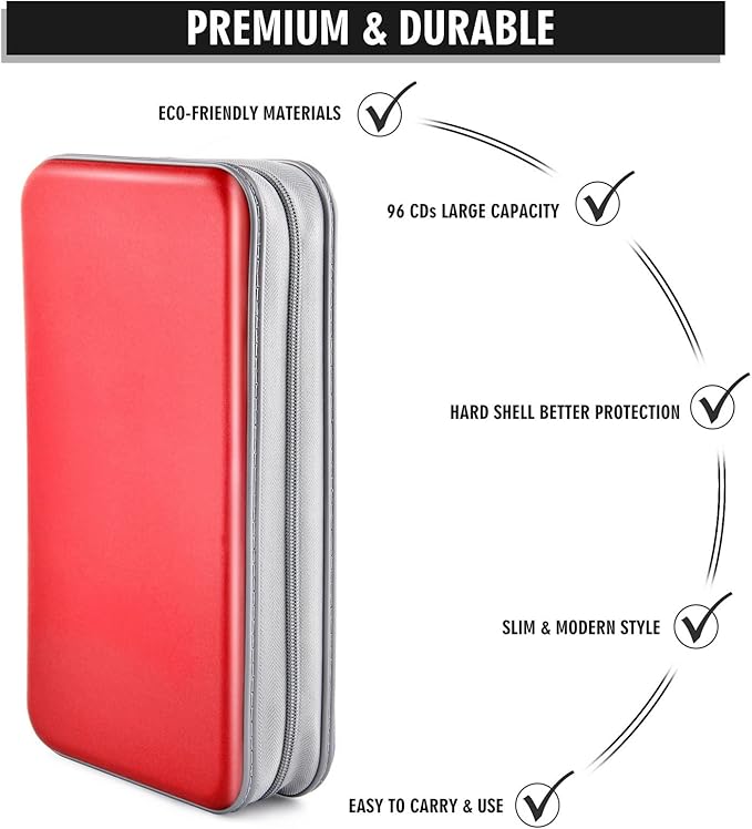 DVD Case, Bivisen CD Case Holder Wallet Binder 96 Capacity CD/DVD Cases Storage Holder Binder Organizer Wallet Book for Car Home Travel (Red)