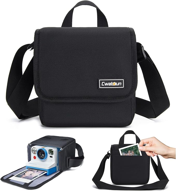 Cwatcun Polaroid Camera Bag, Travel Carrying Camera Shoulder Bag Case, Now I-Type Instant Film, Polaroid 600 Film Camera, Black