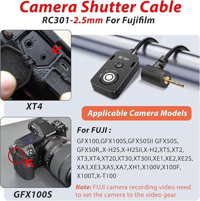 RC301-2.5mm 196.8 "Extended Cable Shutter Release Remote for Fujifilm and Canon Cameras EOS Rebel T8i T8 T7i t6 t6i t1i t2i t3 t3i t4i SL3 2000d 4000d R100 Fuji XT2/3/4/5 XH2S GFX100/S /50 /s
