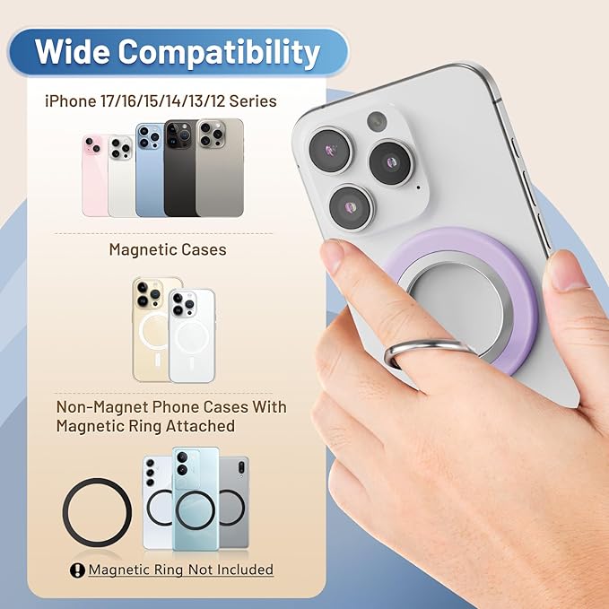 Phone Ring Holder, Dual Sided Magnetic Phone Grip Magnet Cell Phone Finger Holder for Hand Removable Slim Handle Grip Kickstand Compatible for MagSafe iPhone 17/16/15/14/13/12 Series, Purple