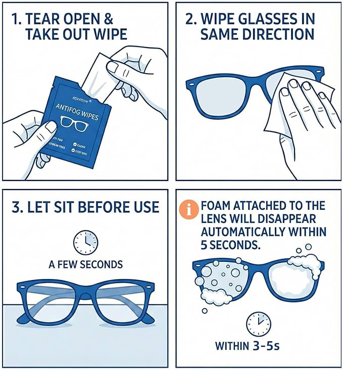 Ageantscom Anti-Fog Wipes for Glasses – Eye Glasses Cleaner Wipes, 100 Pack, Individually Wrapped, Pre-Moistened, Quick-Dry, Scratch-Free for Goggles, Camera, Watch, Lens, Laptop, Phone Screens