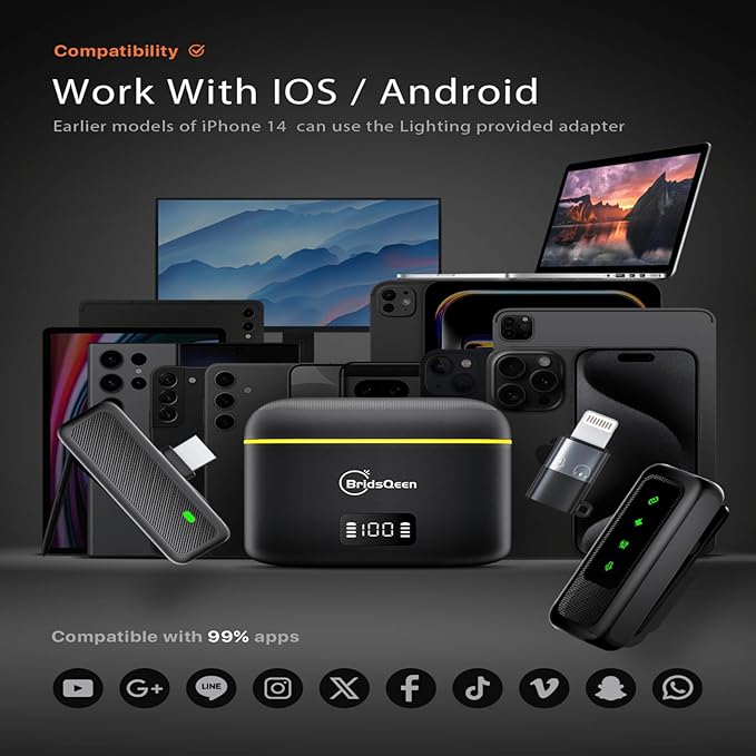 Wireless Lavalier Microphone for iPhone Android pc ipad, with 48H Charging Case, 130ft Range,Noise Cancelling, mini Mic for YouTube Vlog, Live Stream,Video Recording Podcast,Online meeting and class