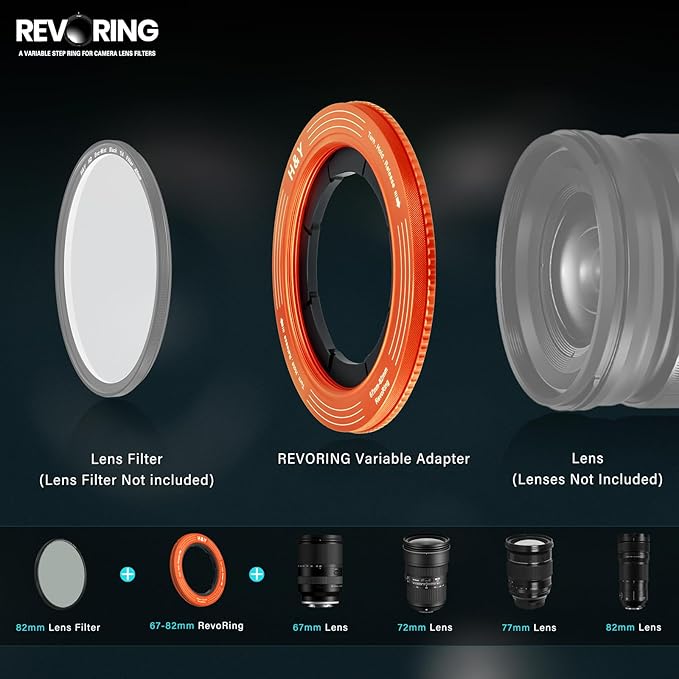 H&Y RevoRing Adjustable Step Up Ring 67-82mm to 82mm, Variable Lens Filter Adapter Ring, Universal Stepping System fits 67 72 77 82mm, Orange