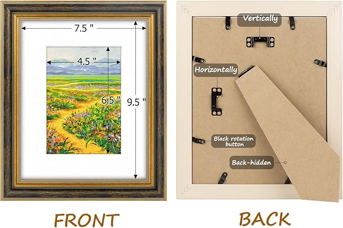 Golden State Art,8x10 Ornate Picture Frame for 5x7 Photo with Mat or 8 x 10 Prints without Mat, Real Glass Wall & Tabletop Display Horizontally or Vertically (Color:Black Gold)