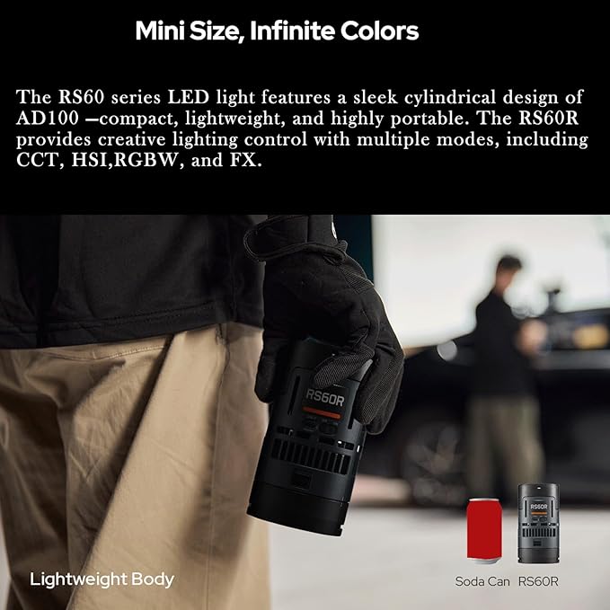 Godox RS60R RGB LED Video Light,Mini Size 60W Power,CCT/HSI/RGBW/FX Mode,with Detachable Battery,Support E27 Socket/USB/NPF/V-Mount Battery Power for Photographers,Filmmakers,Studios
