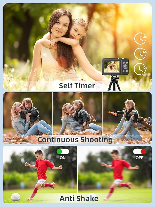 Digital Camera, FHD 1080P Digital Point and Shoot Camera with 16X Zoom Anti Shake, 32GB Card, Compact Small Camera for Boys Girls Kids, Black