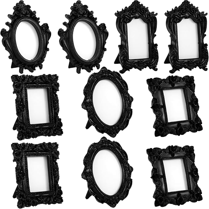 Maitys 10pcs Mini Picture Vintage Frames with Stands Tiny Antique Photo Baroque Ornate Resin Oval Frame Table Top Display Home Wedding Decor (Black)
