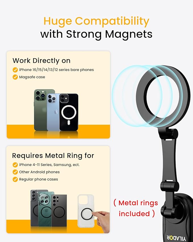Magnetic Neck Phone Holder for Recording, Hands Free POV/Vlog Video Filming, 4 in 1 Phone Chest Mount for Cooking/Riding/Indoor/Outdoor, Content Creator Essentials for iPhone Android GoPro DJ (Black)