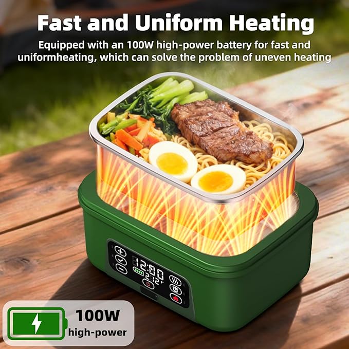 XL 6.3-Cups Cordless Electric Heated Lunch Box for Adults, 20000mAh Rechargeable Battery Powered Smart Self Heating Lunchbox for Men Women, 100W Food Warmer for Trucks Driver Travel Office Worker