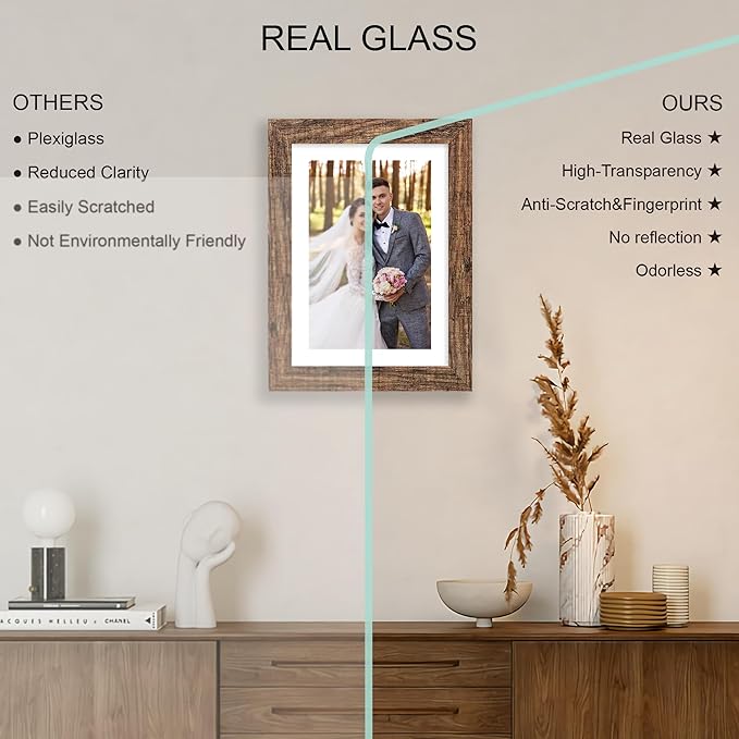 7x10 Picture Frame Set of 4, Made of Real Glass and Rustic Brown Frame - Display 5.5 x 8.5 Diploma Frame with Mat or 7x10 Without Mat, 7 by 10 Photo for Wall or Tabletop