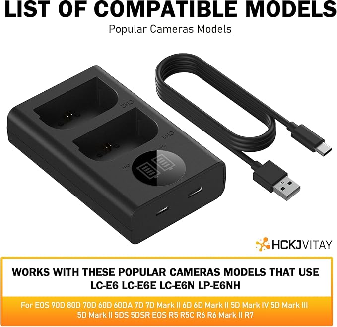 LP-E6 Dual Cameras Battery Charger for Canon LC-E6 LC-E6E LC-E6N LP-E6NH Battery EOS 90D 80D 70D 60D 60DA / 7D 6D 5D Mark II 5D Mark III 6D 5D Mark IV / 5Ds 5DSR EOS R1 R5 R5C R6 R7 / R5 R6 Mark II