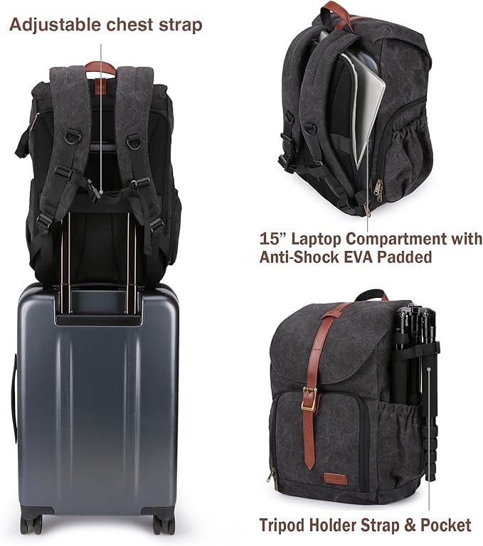 BAGSMART Camera Backpack, DSLR SLR Waterproof Camera Bag, Anti-Theft Photography Backpack with 15 Inch Laptop Compartment, Tripod Holder & Rain Cover, Black