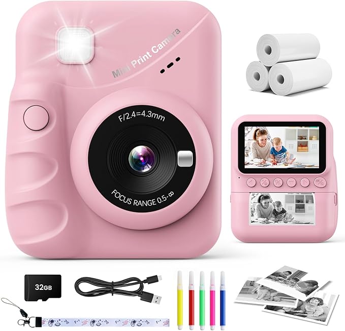 Kids Instant Print Camera, 3.0'' Screen, 48MP Photo, 1080P HD, Gift for 3-12 Year Old Girls & Boys (Pink) with 32GB Card