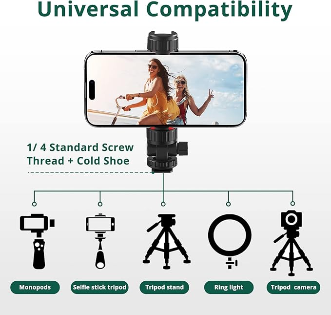 ATUMTEK Phone Tripod Mount, Universal Smartphone Mount Adapter with 2 Cold Shoe and 1/4" Standard Screw, 360° Rotates and 180° Tilts Adjustable Cell Phone Clamp Holder for Perfect Mobile Photography
