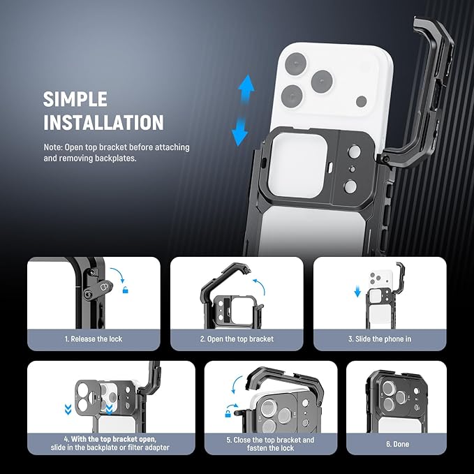 NEEWER 17 Pro Cage, Quick Release Video Rig Phone Stabilizer Compatible with iPhone 17 Pro with 67mm Filter Ring, 17mm Lens Backplate, T Mount Adapter Compatible with Moment, Black, PA143