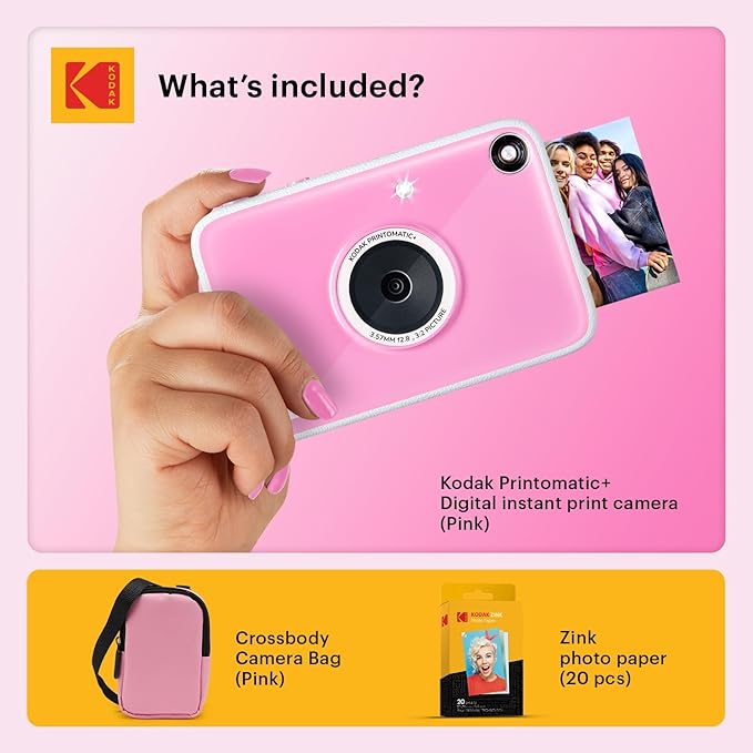 Kodak Printomatic+ Instant Print Digital Camera Starter Bundle + Carrying Case (Pink) + Zink 20pk Sticky-Back Photo Paper - 10MP, Full-Color Photos, GB LED Status Indicator - Pink