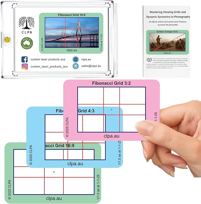 CLPA Fibonacci Grid Viewfinder: Credit Card-Sized Composition Grids for Video, Photography & Art in 4:3, 3:2, & 16:9