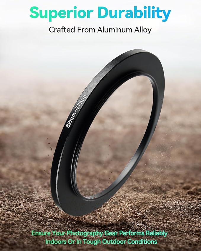 43-62mm Metal Step-Up Ring Adapter Compatible with Mirrorless Cameras DSLR Lens, UV CPL ND Filter Thread Converter, Black