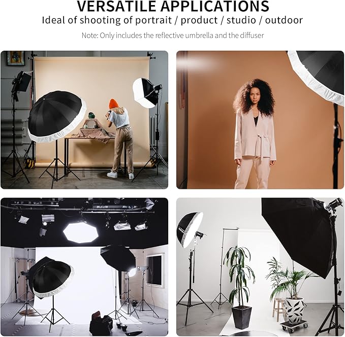 Selens Parabolic Umbrella and Diffuser Photography Lighting, 65 Inch Black Silver Reflective Deep Umbrella for Photo Studio Flash Speed Light