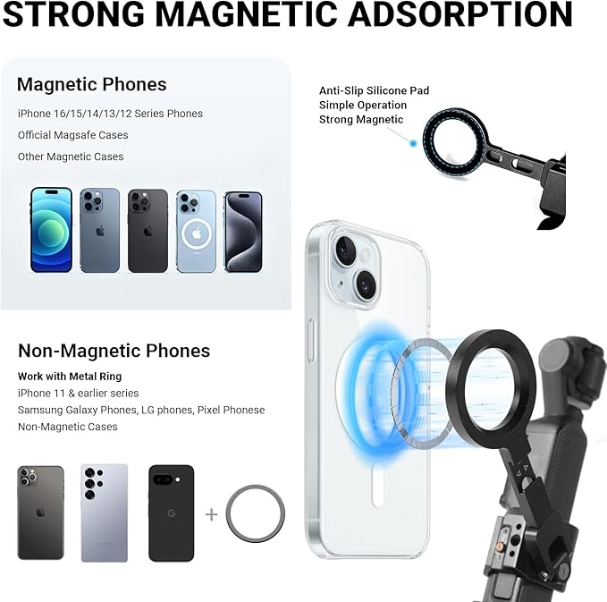 YUANYU Metal Magnetic Mount Cage Non-Slip Silicone Suction Base Mount for Pocket 3 with 360° Rotating Strong Magnetic Mount for DJI Pocket 2/3 Dual Cold Shoe Adapter Compatible with All iPhones