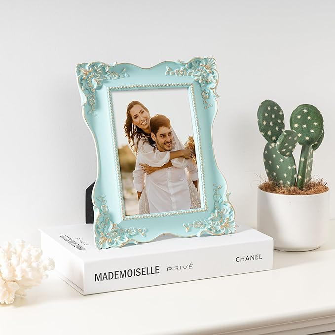 Axeman Vintage Blue Picture Frames 4x6 | Antique 4x6 Picture Frame with Real Glass | Ornate Picture Frames 4 x 6 for Wall & Tabletop Display | Retro 4 x 6 Photo Frame Blue Gold