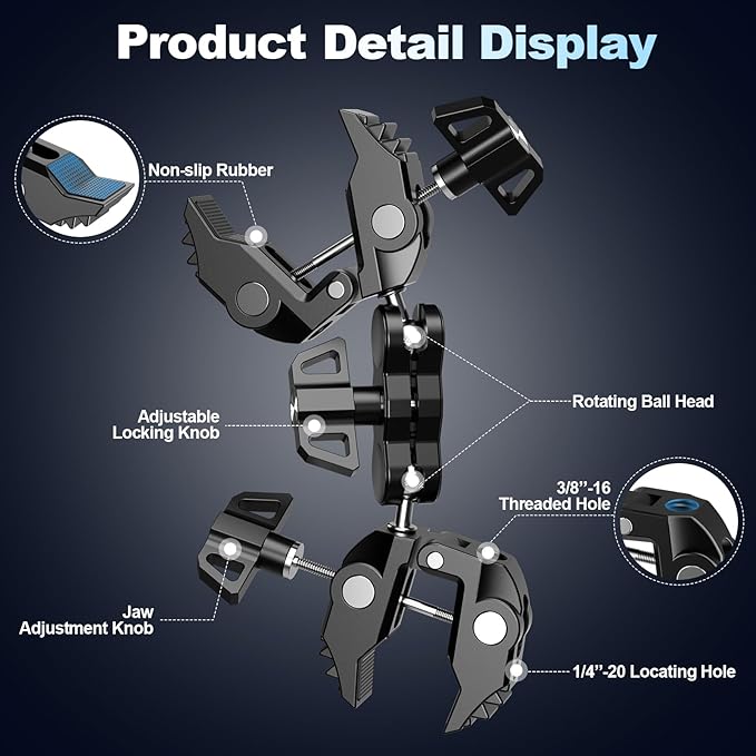 EMART Super Double Clamp Mount with Magic Arm, 360° Rotation Double Ball Head Umbrella Clamp, Perfect for Camera, Umbrella, Pole, Stand, Desk, Light, Motorcycle, Tripod, Chair, Crossbar, Flat Surface