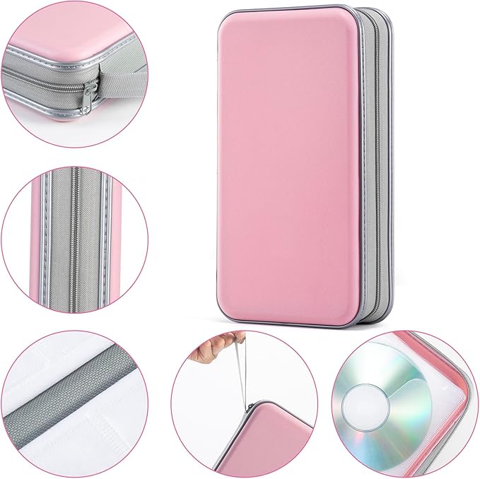 UENTIP 96 Capacity CD Case,Portable DVD Hard Plastic Case Holder CD Organizer Wallet Protective DVD Storage (light pink, 96)