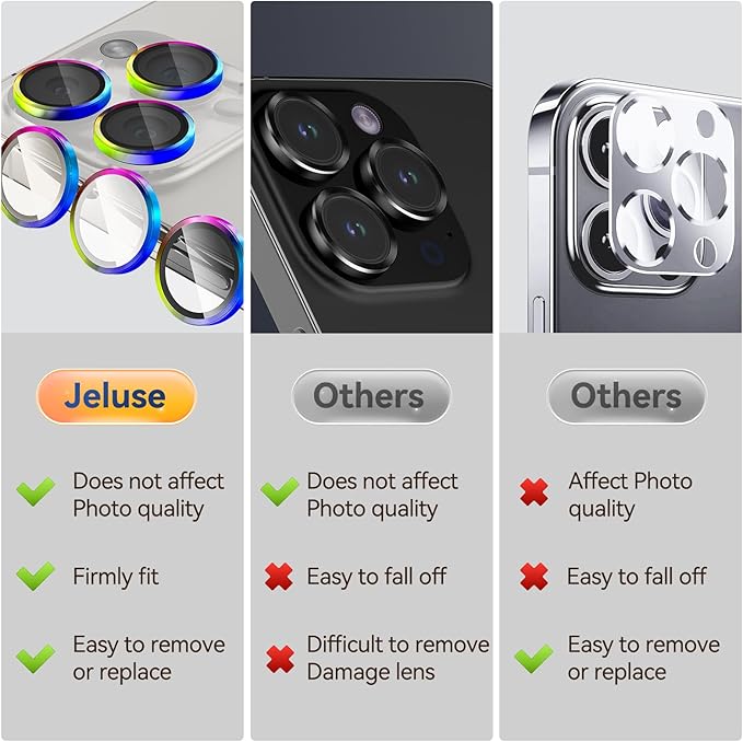 Jeluse Camera Lens Protector for iPhone 17 Pro Max/17 Pro/16 Pro Max/16 Pro/15 Pro Max/15 Pro/14 Pro Max/14 Pro, 9H Tempered Glass Screen Protector Cover Alignment Kit Metal Individual Ring
