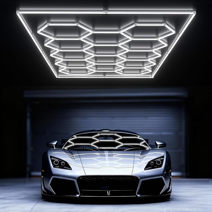 Hexagon Garage Lights: 579W 14 Grids Hexagon Led Lights, 6500K Ultra Bright Hex Light, Honeycomb Light for Garage, Shop, Basement, Barber, Homegym