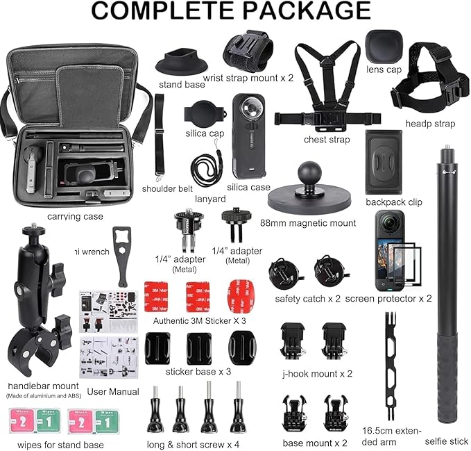 PellKing Accessories Kit for insta360 X5,Included Carrying Case with Belt,2 Pcs Metal 1/4" Adapter,Handlebar Clamp,Magnetic Mount,43in Selfie Stick,Chest Strap,Head Strap,Backpack Mount,and Others