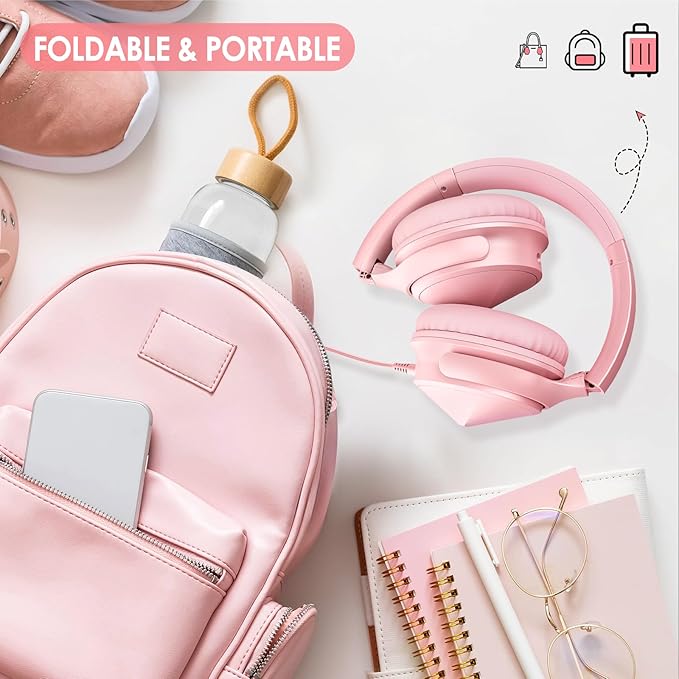 USB C Over Ear Headphones Wired, USB C Wired Headphones with Microphone, Volume Control, HD Stereo Sound, Foldable & Lightweight USB Type C Headphone,Pink