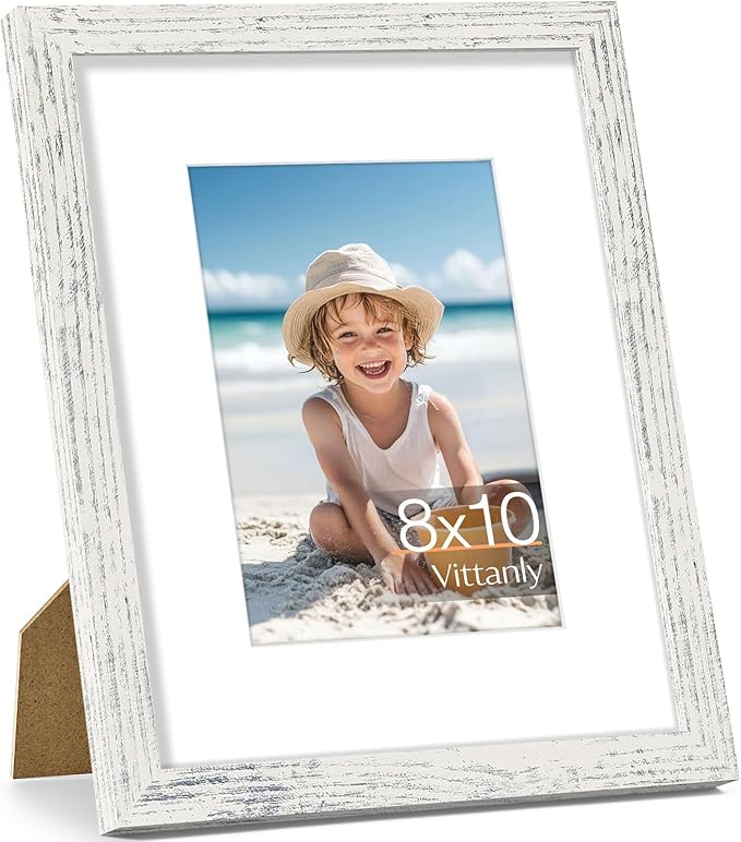 Vittanly 8x10 Picture Frame, Made of Solid Wood and Shatterproof Plexiglass, Display Pictures 5x7 with Mat or 8x10 without Mat, Wooden Photo Frame for Wall or Tabletop, Distressed White, 1 Pack