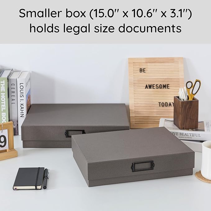 Soul & Lane Decorative Storage Boxes with Lids - Set of 2, Legal Size and A3 Document Boxes for Art and Scrapbooks with Metal Label Holder, Cardboard Photo Storage for Keepsakes & Memories, Gray