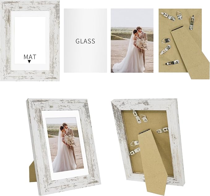 5x7 Picture Frame Set of 4, Made of Real Glass and Distressed White Wooden Frame, 5 by 7 Photo for Wall or Tabletop - Display Picture 4x6 with Mat or 5x7 Without Mat (Pack of 2)