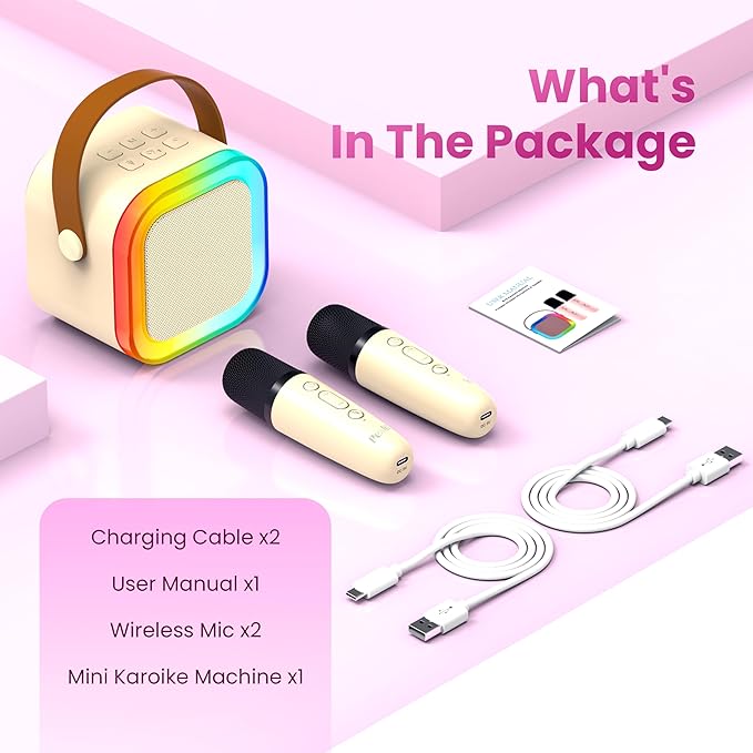Karaoke Machine for Kids Adults, Portable Bluetooth Speaker with 2 Wireless Karaoke Mics Player,2026 TOP Birthday Gifts Toys for Girls 3,4, 5, 6, 7, 8+Years Old Toddler(Light Beige)
