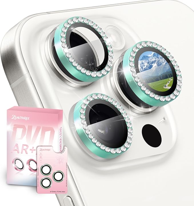Camera Lens Protector Bling Compatible for iPhone 16 Pro/16 Pro Max,9H Tempered Glass,1Step Installation Tray,HD Clear/Military Grade Shatterproof/Scratch Resistant(Diamond Light green)